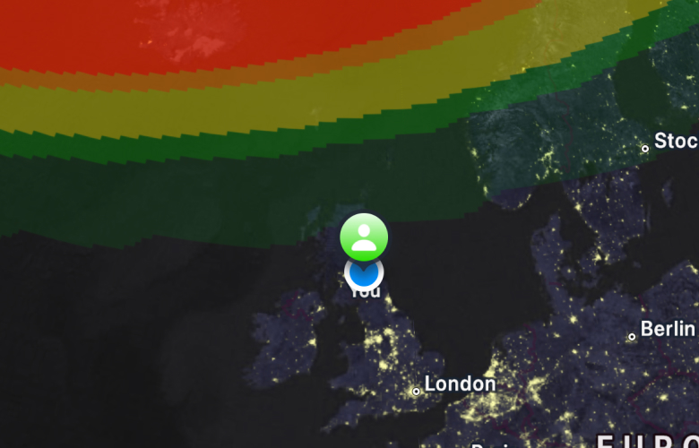 Lux aurora map with OVATION overlay showing aurora visibility across Europe